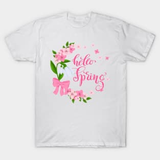 Spring wreath with snowdrops and cherry blossom and calligraphy "Hello Spring" T-Shirt